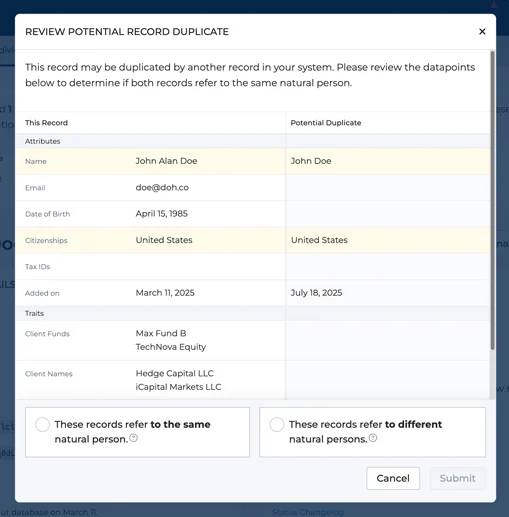 Side-by-side comparison view of two client records flagged as potential duplicates, demonstrating iCapital’s enhanced identity resolution interface for compliance efficiency.