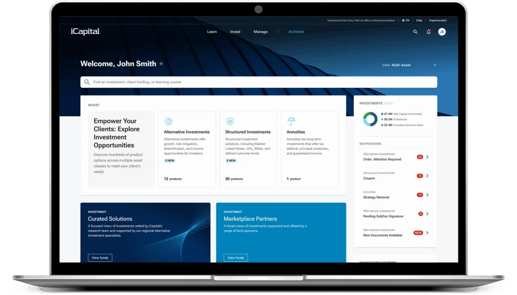 Screenshot of iCapital’s redesigned homepage showing a clean layout with simplified menus, dynamic widgets, and a search bar—highlighting a modern, intuitive investment experience.