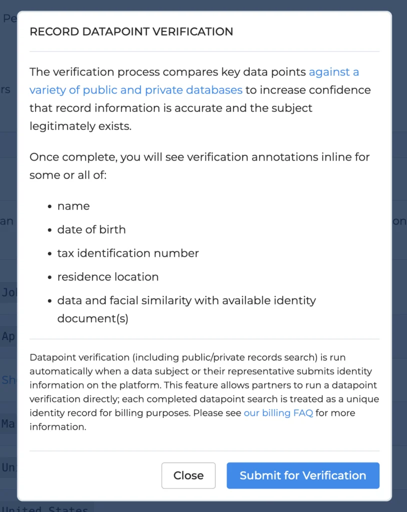 Screenshot of a client profile page with options to initiate public and private records searches, showcasing streamlined onboarding workflows.
