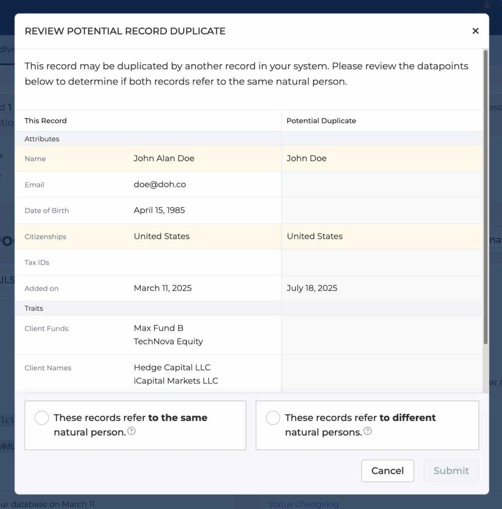 Side-by-side comparison view of two client records flagged as potential duplicates, demonstrating iCapital’s enhanced identity resolution interface for compliance efficiency.